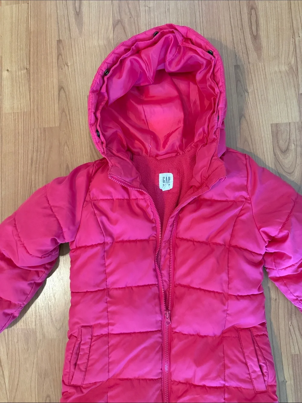 GAP Bright Pink Quilted Hooded Puffer with Faux Fur Trim